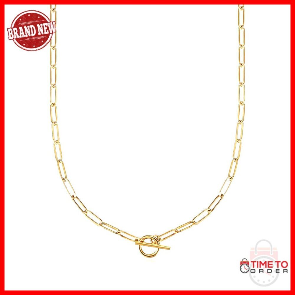 Gold Plated Paperclip Chain Necklace Adjustable Length Stainless Steel